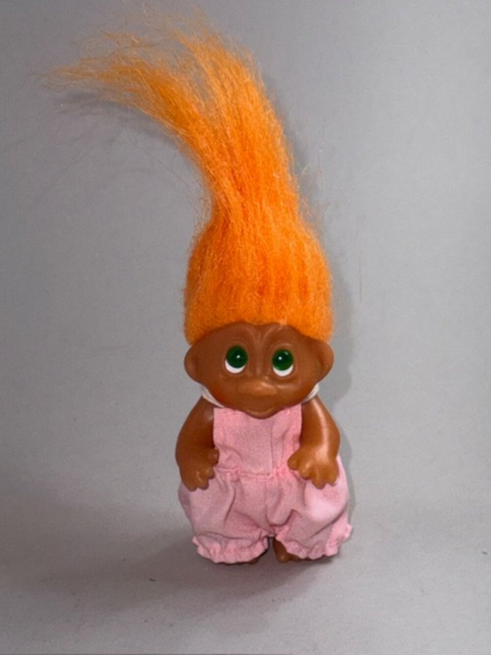 Vintage Russ Berrie Troll Toy Figure Pixie Elf Orange Hair Suspenders Coveralls